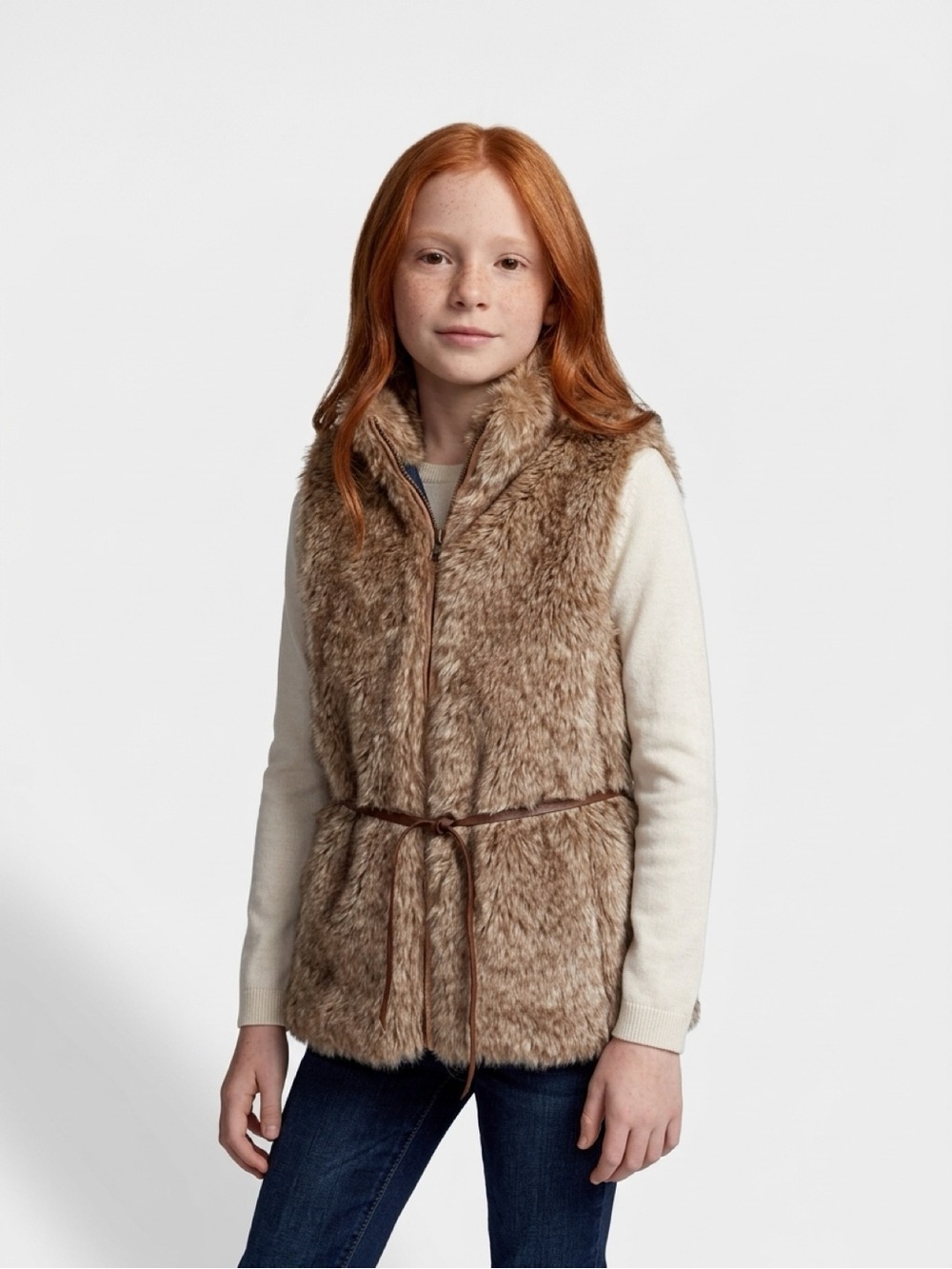 Zara Girls Faux Fur Zip-Up Vest with Belt Brown Size 13/14 cm 164